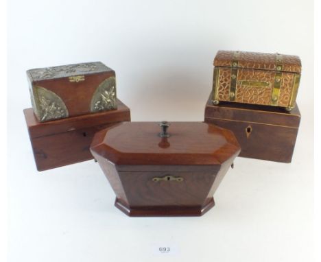 A Georgian mahogany tea caddy and four other tea caddies