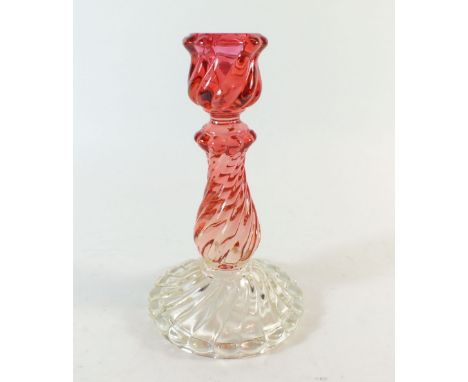 A Baccarat spiral pink and clear glass candlestick - 18cm