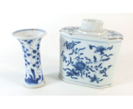 An 18th century Chinese blue and white porcelain tea caddy - 10cm tall, with a similarly decorated small Chinese vase a/f