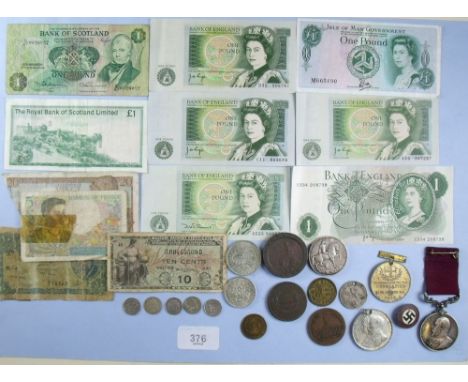 A miscellaneous lot of coins, tokens/medallions and banknotes including silver threepences 1916, 1919 and 1920, two shillings