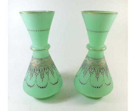 A pair of late 19th century Bohemian opaline/vaseline glass vases with painted enamel decoration in the manner of Harrach - 3