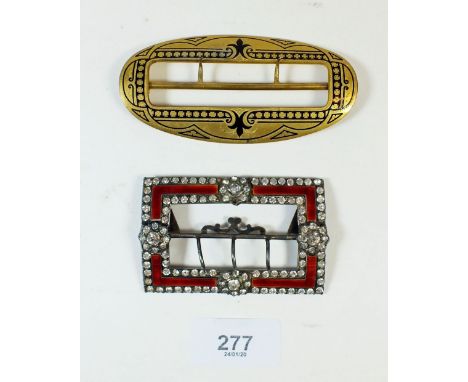 A 19th century fine continental large enamel and paste buckle 7.5 x 5cm, and a gilt metal and black enamel buckle