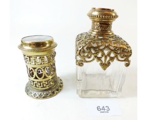 A French glass and gilt metal table perfume bottle with a view of the Acropolis to the lid, and a brass trinket pot (no liner