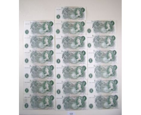 A wad of nineteen Bank of England green £1 banknotes.  JB Page 1970 issue prefix: A662, BX26, BY83, Z--A to Z--K.  Condition: