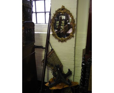 A lot to include a decorative mirror, wall hanging, light fixture and miniature wooden table.