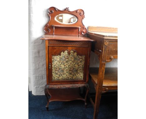 A mahogany Edwardian modified display cabinet with tapestry style insert.