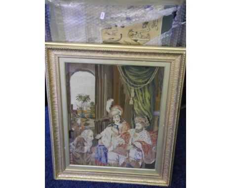 A framed tapestry together with two prints.