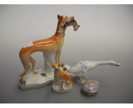 A group of ceramic figures including two Staffordshire style greyhounds and halcyon days enamelled box.