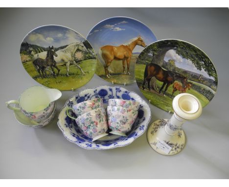 Three Spode plates of equestrian scenes together with a part Shelley 'Summer Glory' tea set, etc.