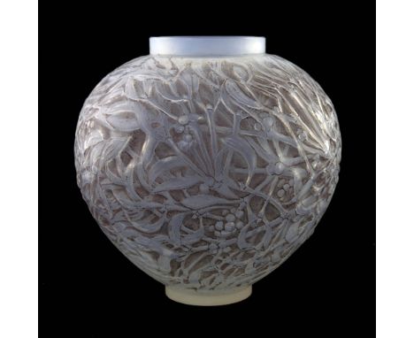 Rene Lalique, a Gui opalescent glass vase, model 948, designed circa 1920, frosted with gray staining, moulded mark R Lalique