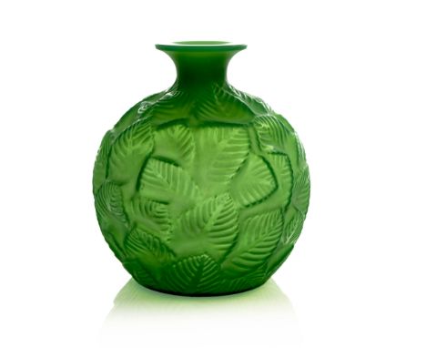 Rene Lalique, an Ormeaux green jade glass vase, model 984, designed circa 1926, white staining, engraved mark R Lalique Franc