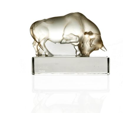 Rene Lalique, a Taureau glass paperweight, model 1194, designed circa 1931, frosted and polished with sepia staining, etched 