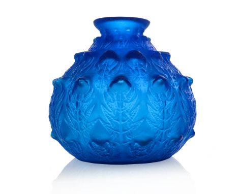 Rene Lalique, a Fougeres electric blue glass vase, model 923, designed circa 1912, frosted, engraved mark R Lalique, 16cm hig