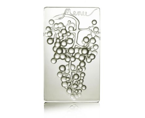 Rene Lalique, a Raisin Muscat glass Menu, model 3475, designed circa 1924, frosted, engraved mark R Lalique France, 15cm high