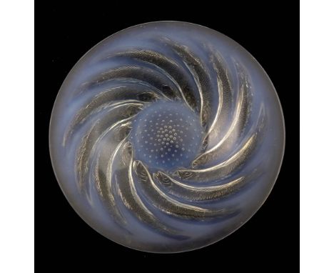 Rene Lalique, a Poissons opalescent glass bowl, model 3263, designed circa 1921, polished, etched mark R Lalique, 30cm diamet