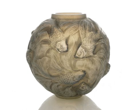 Rene Lalique, a Formose cased opalescent glass vase, model 934, designed circa 1924, frosted and gray stained, intaglio mould