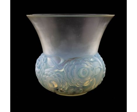 Rene Lalique, a Renoncules opalescent glass vase, model 1044, designed circa 1930, polished and frosted with blue staining, e