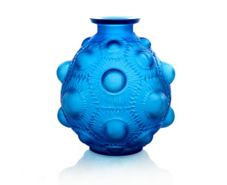 Rene Lalique, a Tournesols electric blue glass vase, model 1007, designed circa 1927, engraved mark R Lalique France, 12cm hi