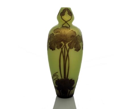 DeVez, a cameo glass Iris vase, circa 1910, double gourd form, carved in the Art Nouveau style with entwined flowers, brown o