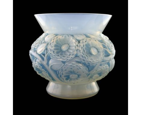 Rene Lalique, a Soucis opalescent glass vase, model 1039, designed circa 1930, polished and forsted with blue staining, etche