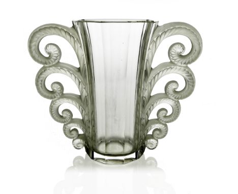 Rene Lalique, a Beauvais glass vase, model 1069, designed circa 1931, frosted leaves, etched mark R Lalique France, 19cm high
