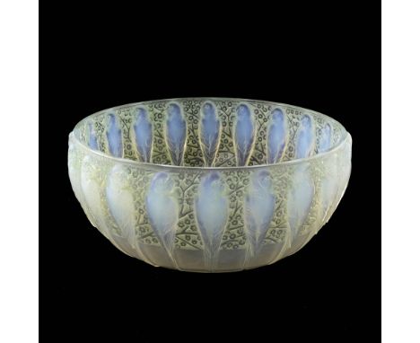 Rene Lalique, a Perruches opalescent glass bowl, model 419, designed circa 1931, polished and frosted with green staining, et