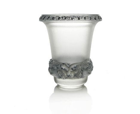 Rene Lalique, a Quatre Tetes Femmes et Raisins glass vase, model vase-2, designed circa 1939, dark blue staining, etched mark