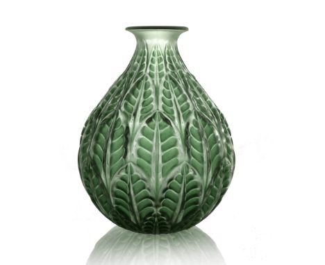 Rene Lalique, a Malesherbes glass vase, model 1014, designed circa 1927, frosted and green stained, incised mark R Lalique, 2