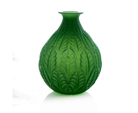 Rene Lalique, a Malesherbes green jade glass vase, model 1014, designed circa 1927,  white stained leaves, engraved mark R La