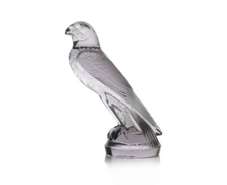 Rene Lalique, a Faucon glass car mascot, model 1124, designed circa 1925, polished and frosted, lilac hue, moulded mark R Lal