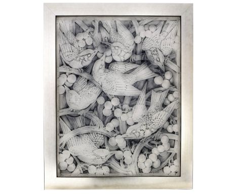Rene Lalique, a Merles Et Raisins glass panel, model 3-B designed circa 1928, frosted and stained, 51cm high, 41cm wide, fram