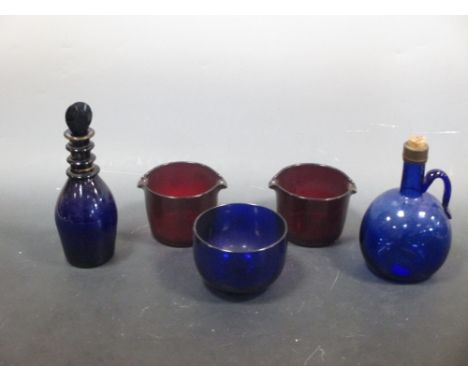 A Regency Bristol blue decanter, finger bowl and two ruby glass rinsers  