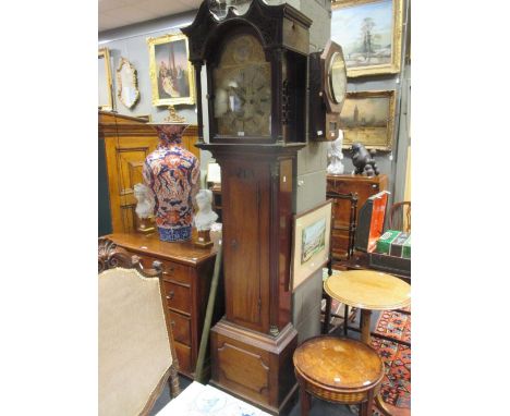 A mahogany long case Scottish clock by Falkirk Coleman and Co with silvered dial and associated case, 128cm high  