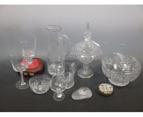 A glass paper weight modelled as a seal and a Millefiora glass paper weight together with a Victorian glass standing bowl wit