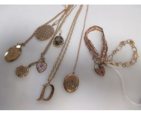 A 9ct gate bracelet, a 9ct heart link bracelet, five 9ct necklaces and chains (53.8g) and two other unmarked yellow metal nec