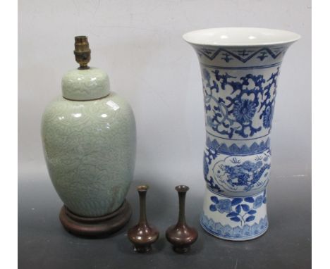 Lamp base, two small vases and a blue and white vase  