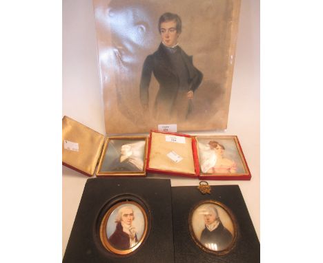 English School, 19th Century, Four portrait miniatures, the first of Mary Anne Oakes, wife of Henry J Oakes, in pink dress wi