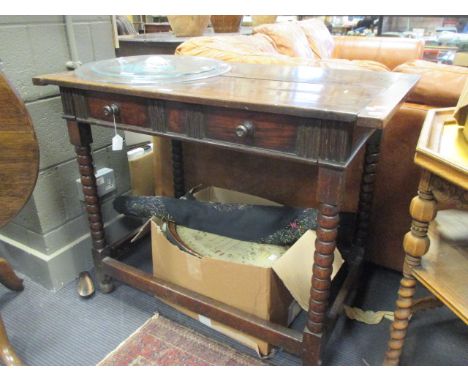 A George III oak two drawer side table with bobbin turned legs, 78 x 98 x 57cm  