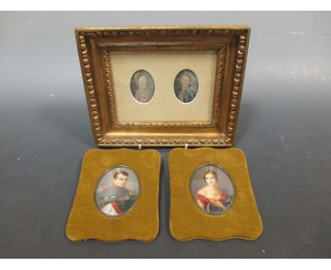 A pair of 18th century Continental portrait miniatures, painted in a naieve style, each 6 x 4cm, in a modern frame; and a pai