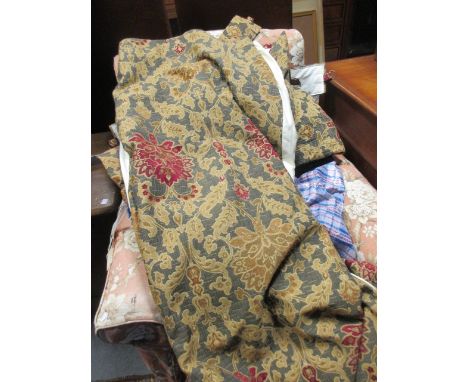 A pair of patterned chenille damask curtains in grey, coffee and red, pinch pleat tops, fully lined with fire retardant fabri