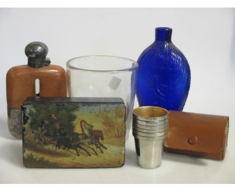 A silver plated and leather hip flask together with a Russian box, blue glass bottle and a set of five small plated hunting c