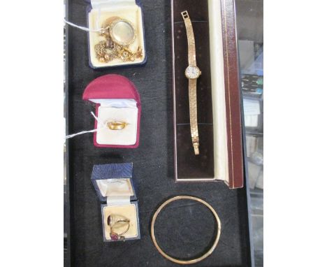 A quantity of assorted gold jewellery to include a lady's 9ct Omega wristwatch, two 22ct carat wedding bands (7.3g), a 9ct ba