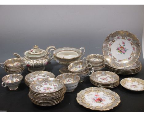 A tea service decorated with floral panels within a grey and gilt border comprising cups, saucers, side plates, a teapot etc 