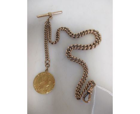 A 1787 Spade Guinea (worn) on a watch chain stamped 10 to lobster claw clasp (51g gross)  