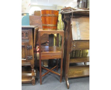 A mahogany square waststand and a brass banded bin or planter (2)  