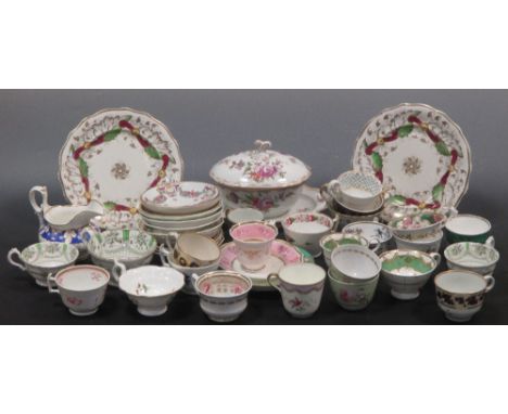 A varied collection of tea and coffee wares by Enoch Wood, Hicks and Meigh, Davenport, Worcester, Derby, et al.  