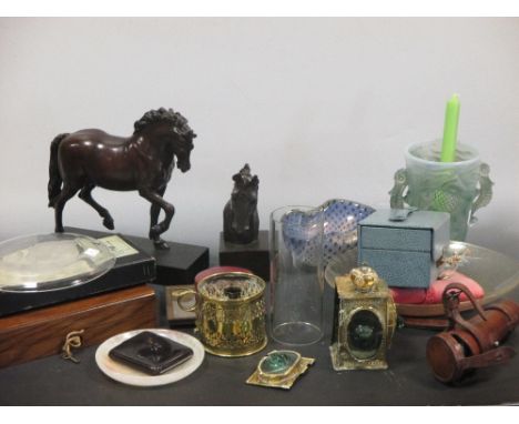 A bronzed resin figure of a horse (a/f), a bronzed horses head, a hunting flask, an antique brass carrying lamp with 'bulls e