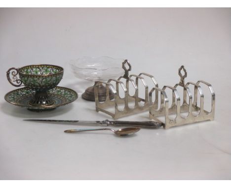 Two silver toast racks, silver and glass small pedestal bowl, Polish silver and enamel cup and saucer  