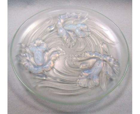 Verlys, France, an opalescent glass charger, moulded with floral decoration, moulded mark, together with a large green glass 