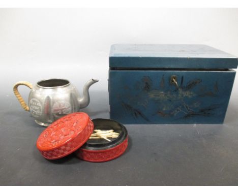 A cinnabar lacquer box, spillikens, tea pot and a Chinese tea caddy  